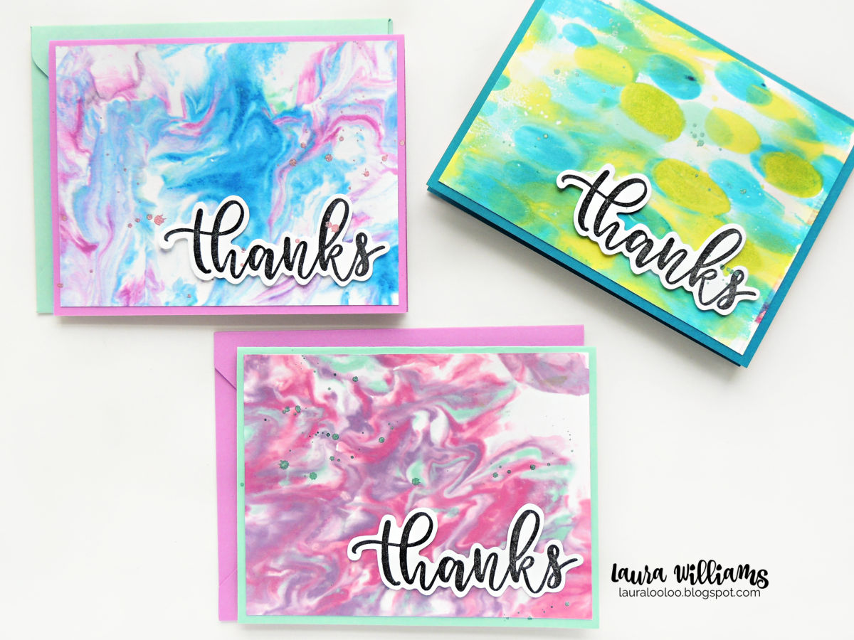 Get creative with mixed media backgrounds using shaving cream techniques, and gel press techniques - then add a simple stamped "thanks" on top for one of a kind, simple to create handmade thank you cards #cardmaking #papercrafting #iostamps #gelpress #mixedmedia
