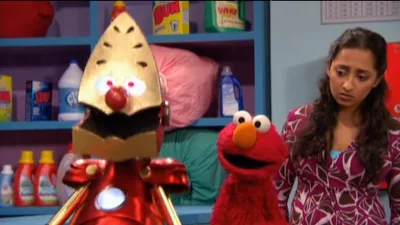 Leela and Elmo wonders when Grover returns in a metal suit as Iron Monster. Sesame Street Iron Monster and Sesame Heroes