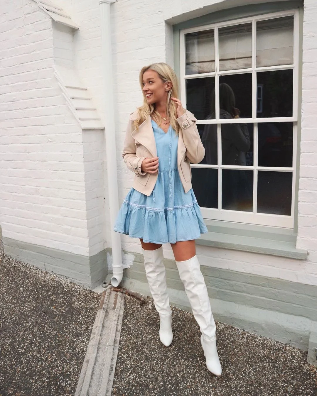 Flare dress and long white boots