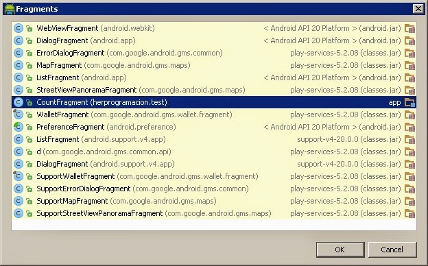 Selección de la clase de fragmento