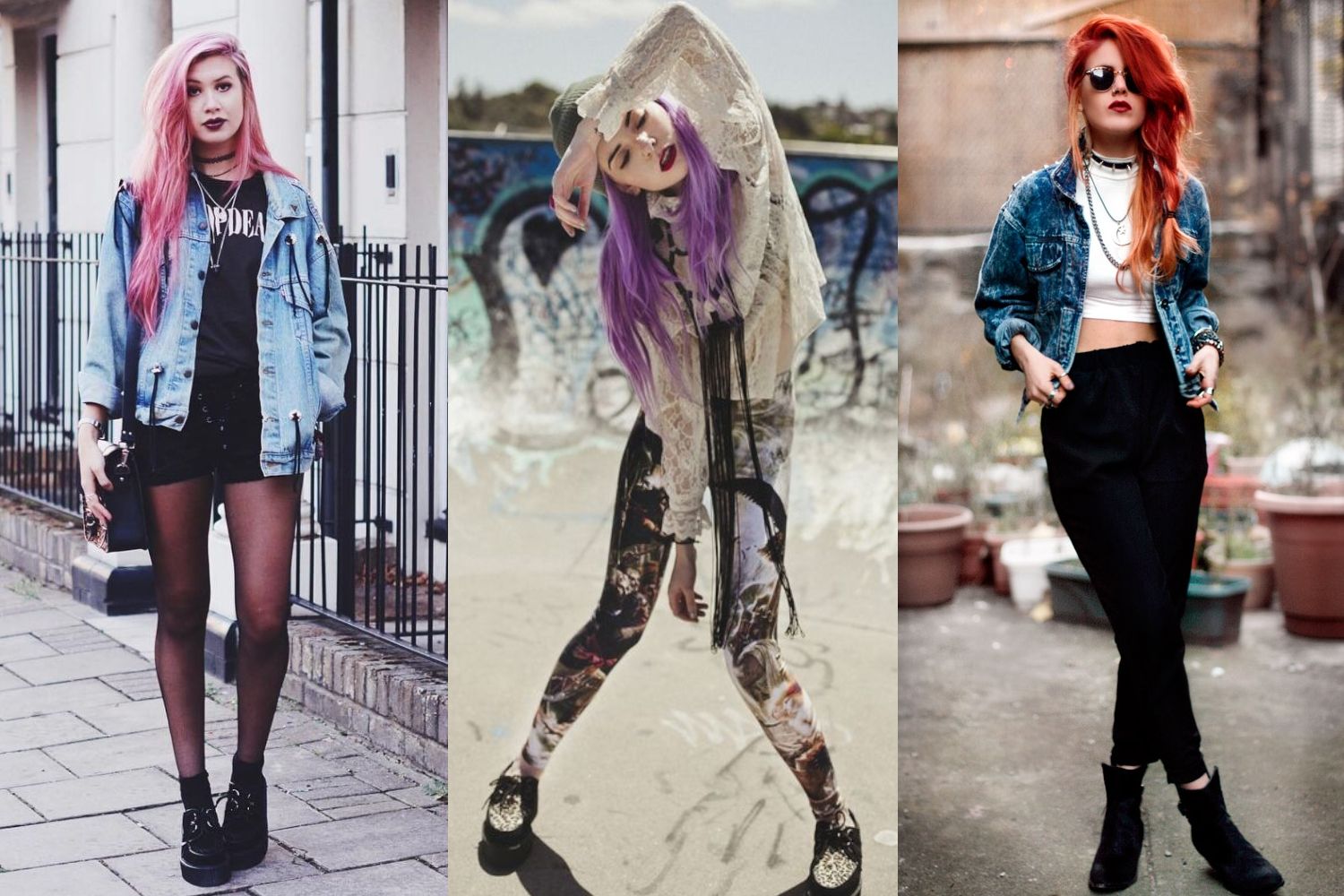collage of three grunge fashion looks