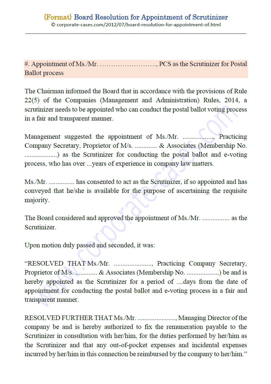 Board Resolution Scrutinizer Appointment Postal Ballot Evoting