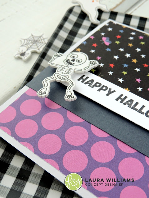 make a sweet spooky handmade halloween card with patterned papers and stamps, following these simple card making tips for beginners and experts! #lauralooloo #cardmaking #papercrafts #halloweencards #funstampersjourney #stamping