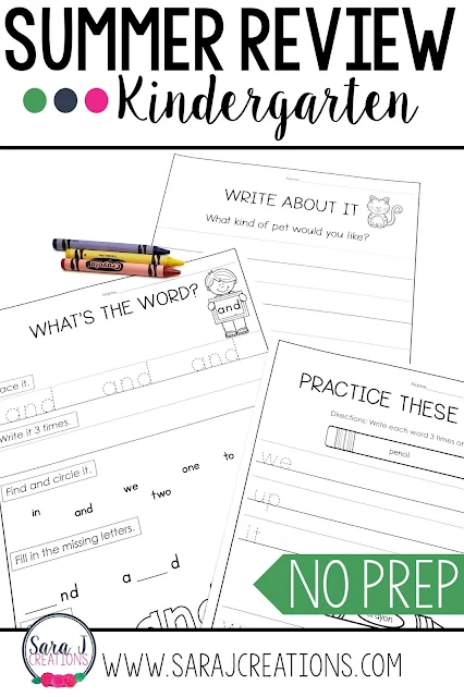 Kindergarten Summer Review packet includes 100 pages of no prep work to help prevent summer slide.  Some of the topics covered include number and letter ID, counting, addition & subtraction, sequencing numbers, rhyming words, sight words and more!