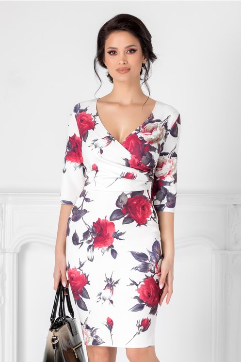 Rochie Mikki alba cu imprimeu floral si decolteu petrecut Rochie Mikki alba cu imprimeu floral si decolteu petrecut
