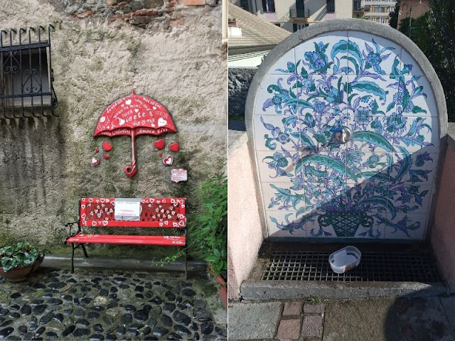 panchina innamorati nella piazzetta di Pozzo Garitta e fontana panchina innamorati e fontana Albisola
