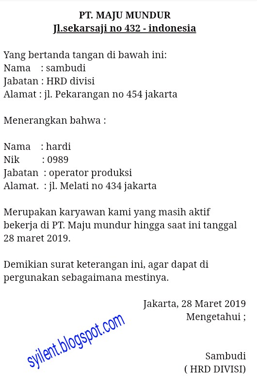 Contoh Surat Keterangan Karyawan Masih Aktif Syilent