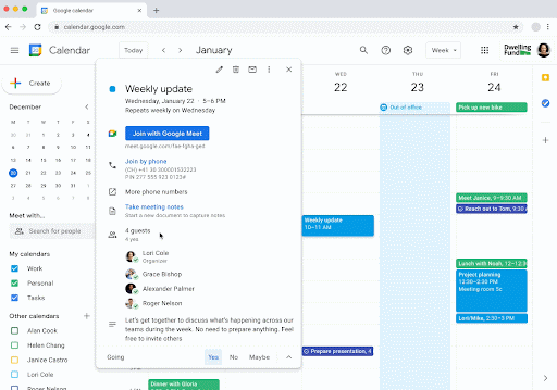 GIF image showing how Workspace by Google nudges you to take meeting notes from within the calendar event