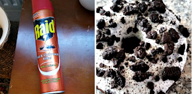 A can of ant and cockroach killer and an Oreo doughnut.