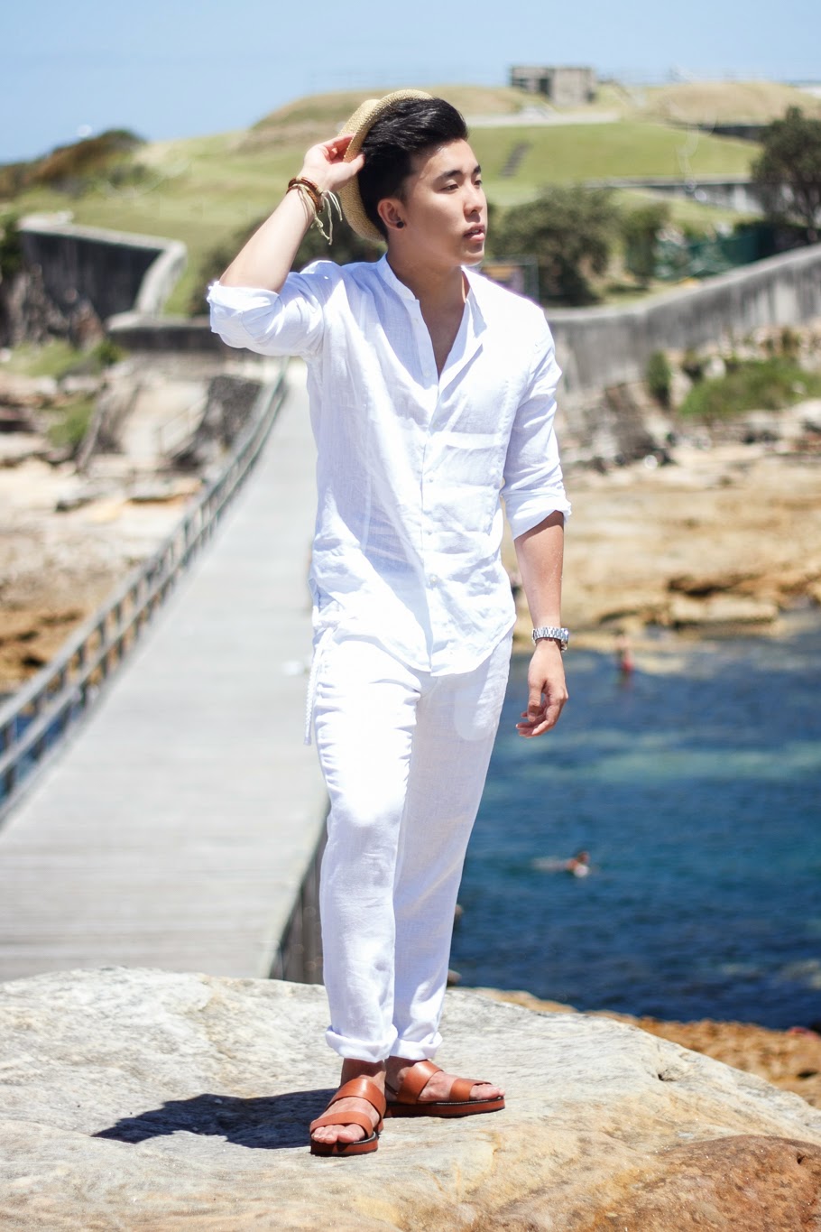 Jono Kwan Zara White Linen Shirt Pants Witchery Allwhite Semiformal Relaxed Beach Holiday Streetwear Strawhat Zara