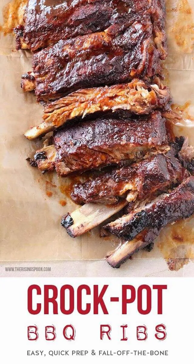 Crock-Pot BBQ Ribs | Fall-off-the-bone tender pork ribs cooked in the crock-pot. This super easy recipe takes less than 10 minutes to prep and can be cooked in as little as 4 hours on the high setting. Use your favorite barbecue sauce for a flavorful, finger-lickin' good meal!