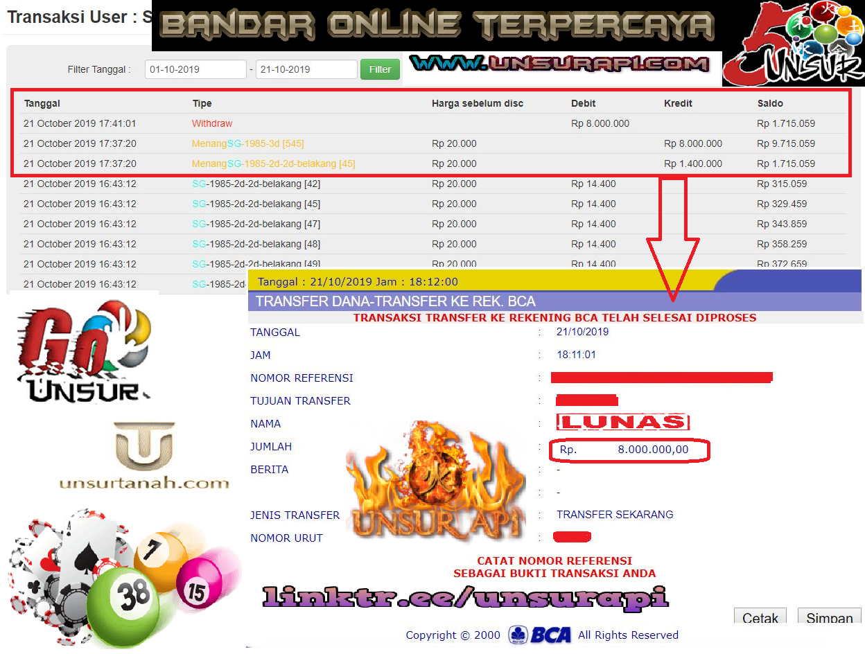 Bukti Transfer Jackpot Member di Unsur Api 21 OCTOBER 2019