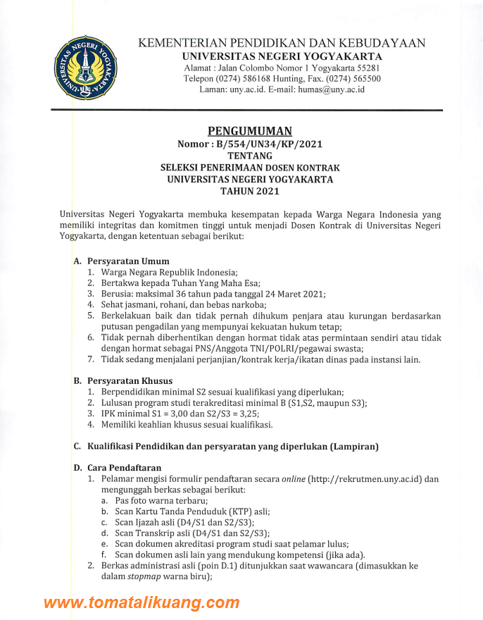 dibuka lowongan penerimaan dosen kontrak uny tahun 2021