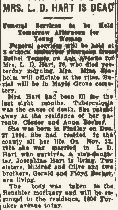 Edith Matilda Becker Hart, Obituary, Findlay (OH) Morning Republican, 13 Feb 1931 p.2. Climbing My Family Tree: Edith Matilda Becker Hart, Obituary, Findlay (OH) Morning Republican, 13 Feb 1931 p.2.