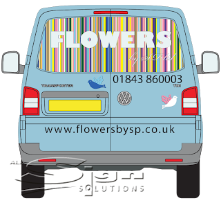 Art work of the back of an eggshell coloured Volkswagen van, with a large window with stripes in pastel shades of pink, blue, green and yellow, Flowers in a bold white font, with a script text 'by SP ltd' underneath. Two doves on the body of the car in blue, white and pink. Vinyl lettering for the phone number and website address.