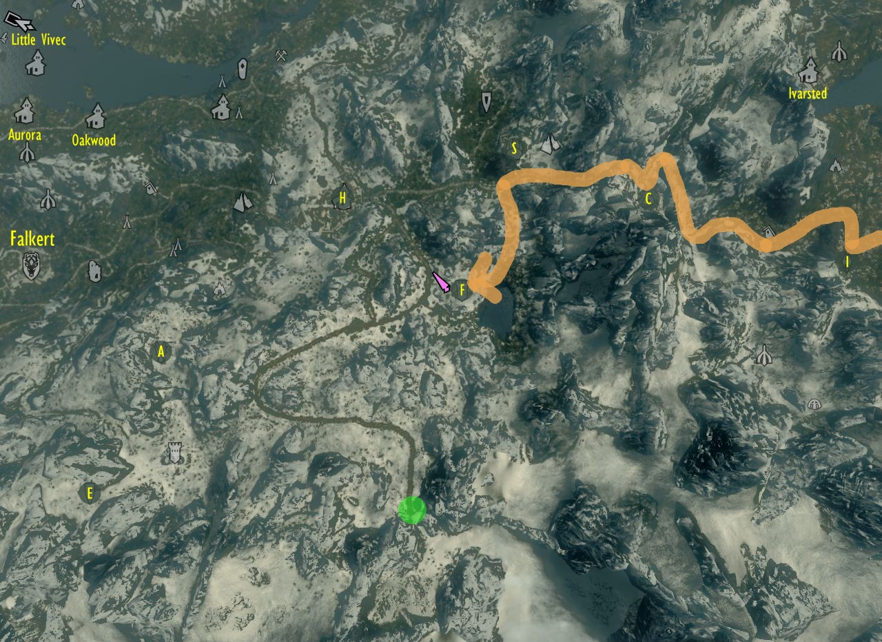 map of southeastern Falkreath with placenames from Little Vivec to Ivarsted