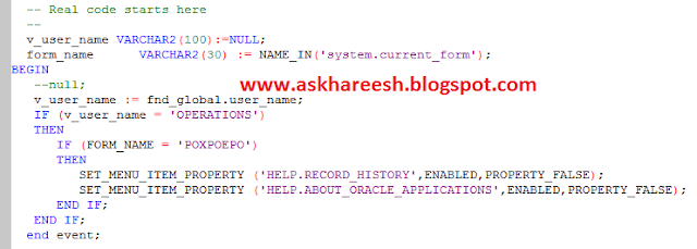 Form Customization: How to Hide an option from Help Menu using CUSTOM.pll, askhareesh blog for Oracle Apps