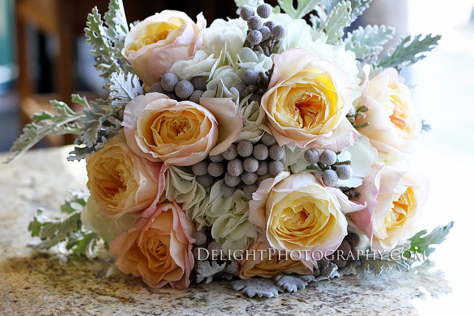 wedding bouquet, soft yellows grey wedding bouquet