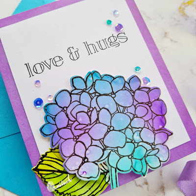 Ellen Hutson's Mondo Hydrangea stamp, ALCOHOL INKS WITH STAMPS AND HEAT EMBOSSING, Alcohol inks card, Simon says floral card, Floral card, Hydrangea card, Blue and purple card, Clean and simple card, Quillish, Video tutorial