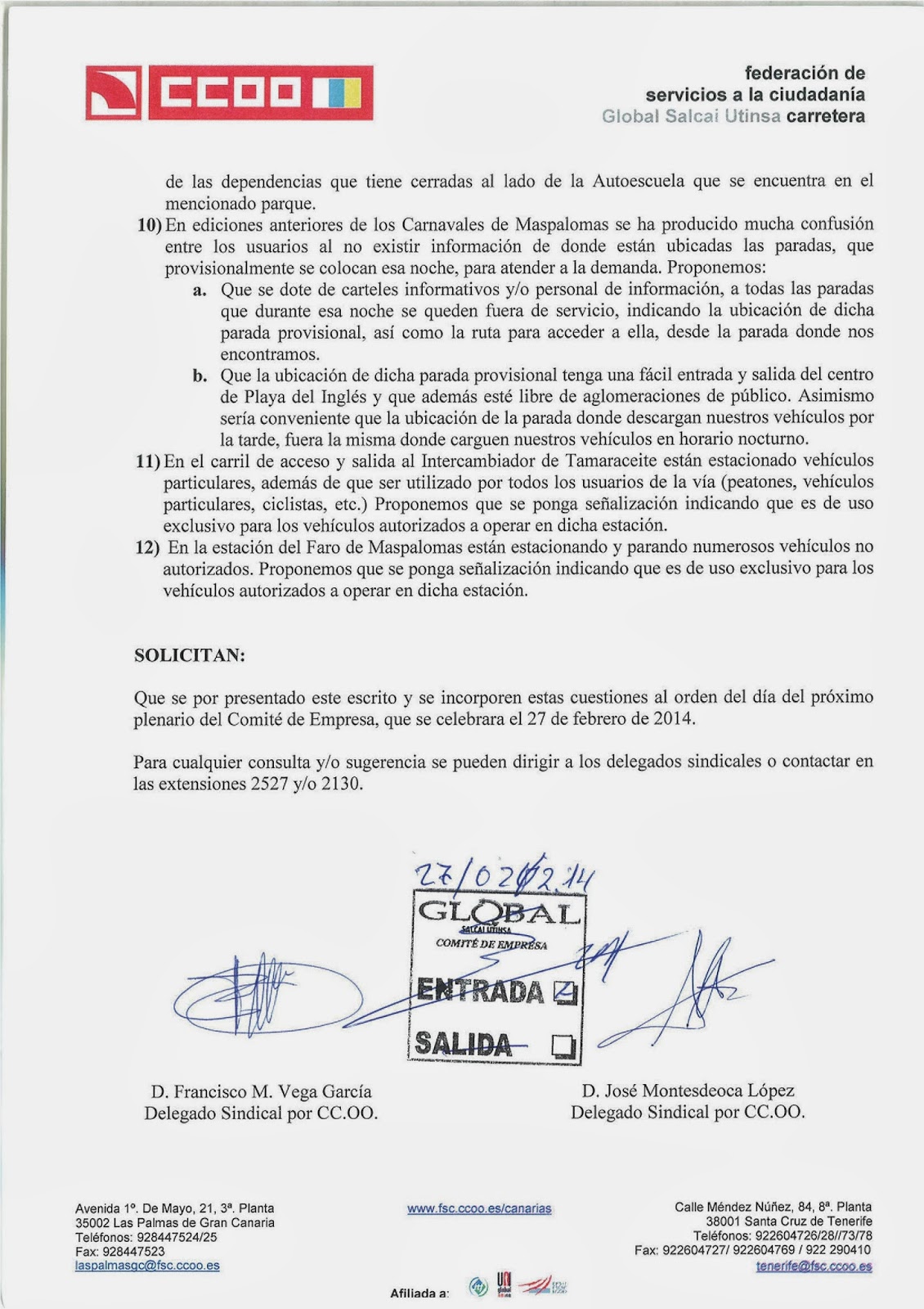 CC.OO. en Global Salcai Utinsa Escrito de los Delegados Sindicales CC.OO. en Global Salcai Utinsa Escrito de los Delegados Sindicales