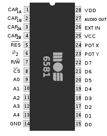 Imagen que muestra el chip MOS 6581con sus 28 pines numerados