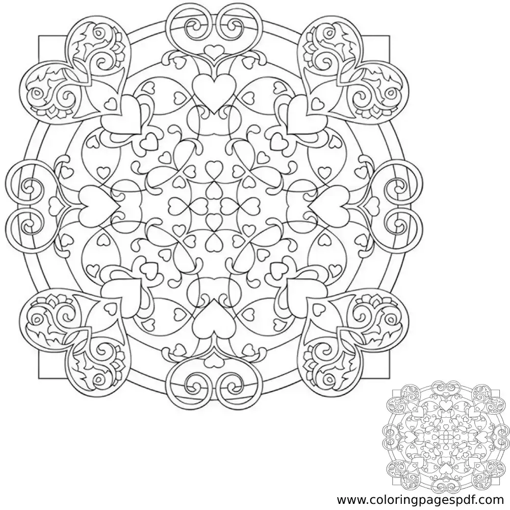 Coloring Page Of Circle With Hearts Mandala
