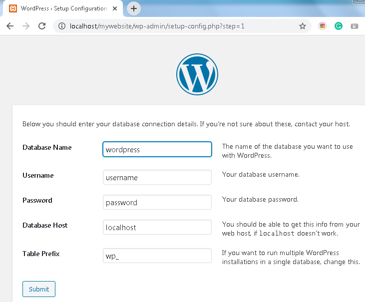 Enter database details to install WordPress Enter database details to install WordPress