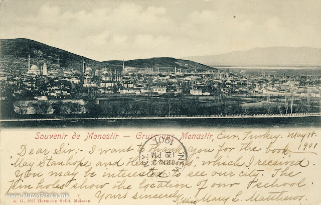 Панорама на Битола од Тумбе Кафе. Испратена на 11 мај 1901 година до American Tract Society American Tract Society е добротворна еванге­листичка организација формирана на 11 мај 1825 година во New York со цел да издава и дистрибуира христијанска литература насекаде во светот.