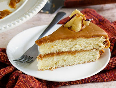 Soft buttery cake loaded with homemade caramel frosting and topped with apple chips. This classic southern caramel cake is great all year long, but we especially love it during fall. slice of homemade caramel cake with apple chips as garnish