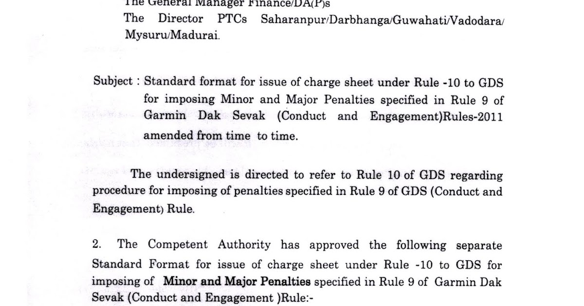 Standard format for issue of charge sheet under Rule 10 to GDS for