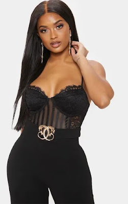 shape black lace mesh stripe bodysuit