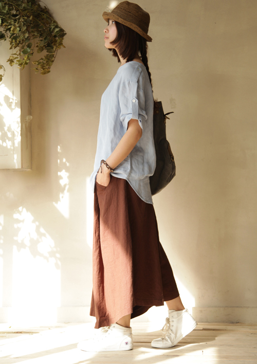 Ivory cotton linen short sleeve tops match a skirt pants,it is a