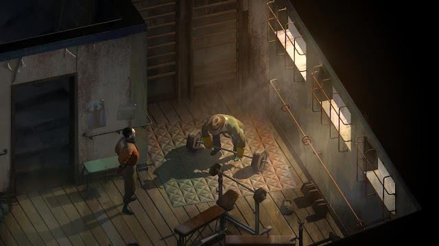 Screenshot of detective lifting weights in Disco Elysium