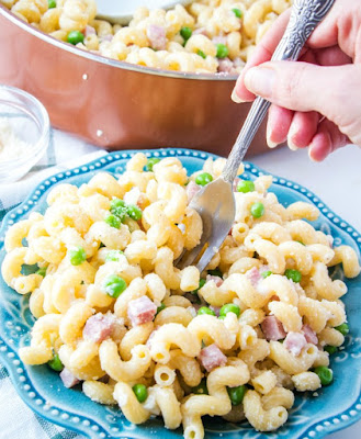 This all in one meal is a delicious combination of ham, pasta, peas and just enough creamy Parmesan cheese sauce. It is a great way to use leftover ham and is sure to have everyone asking for seconds! Fork getting a bite of pasta with peas ham and cream