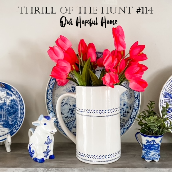 pink tulips farmhouse pitcher blue white pottery