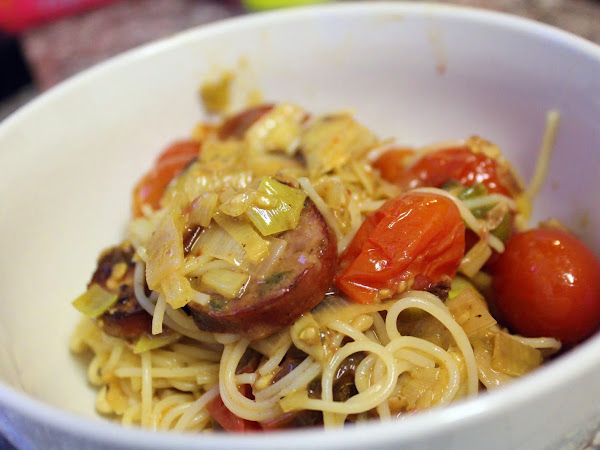 That's a mouthful! (Leek artichoke and tomato pasta with sausage and white wine)