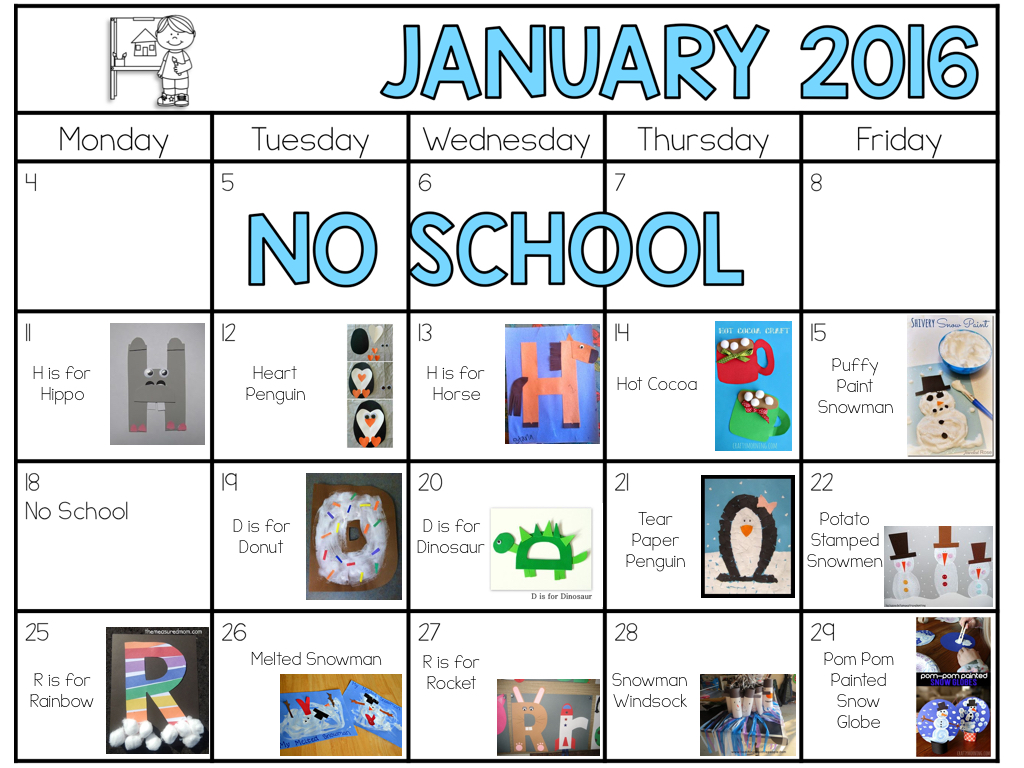 January 2016 Art Plans.  Letters H, D, R and all things winter!