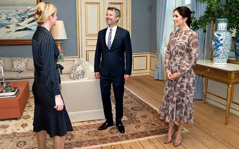 Crown Princess Mary wore a floral silk georgette dress from Burberry Prorsum, and love gold diamond bracelet from Cartier