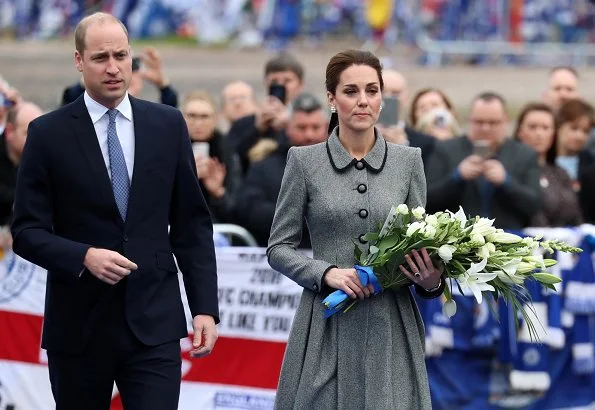 Kate Middleton wore Catherine Walker coat dress, Tod's suede pumps, Cassandra Goad pearl earrings and carried Aspinal of London mayfair bag