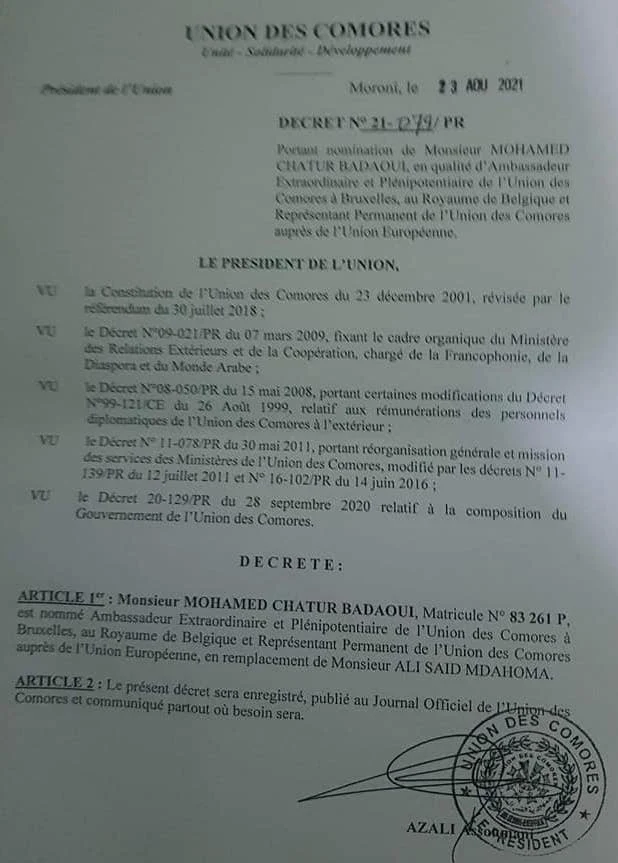 Mohamed Chatur Badaoui nommé Ambassadeur des Comores à Bruxelles