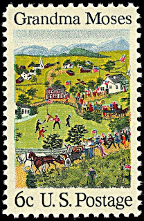 U.S. postage stamp of a Grandma Moses painting