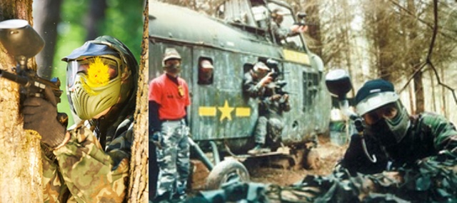 Stag Party playing paintball stag party standing next to a helicopter playing paintball