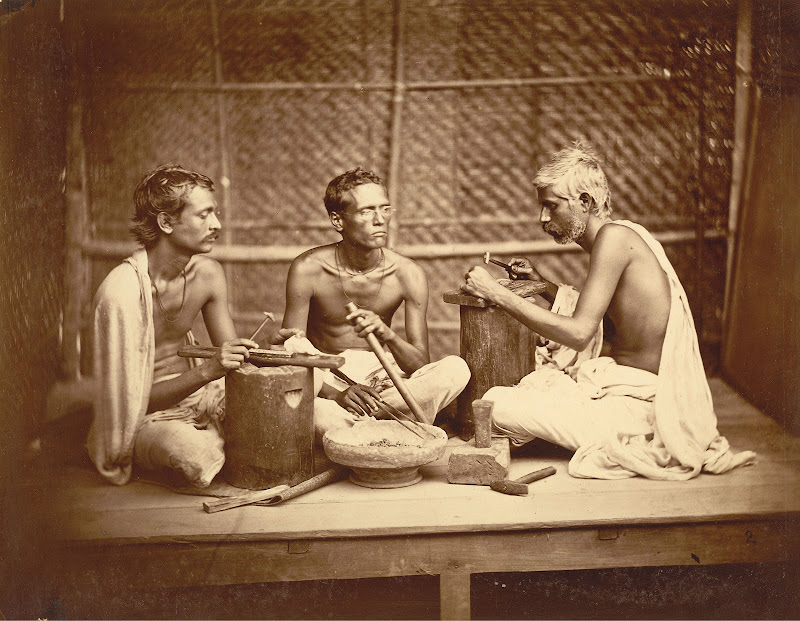 Group of Three Goldsmiths (Swarnakars) Posed with the Tools of their Trade - Eastern Bengal 1860's