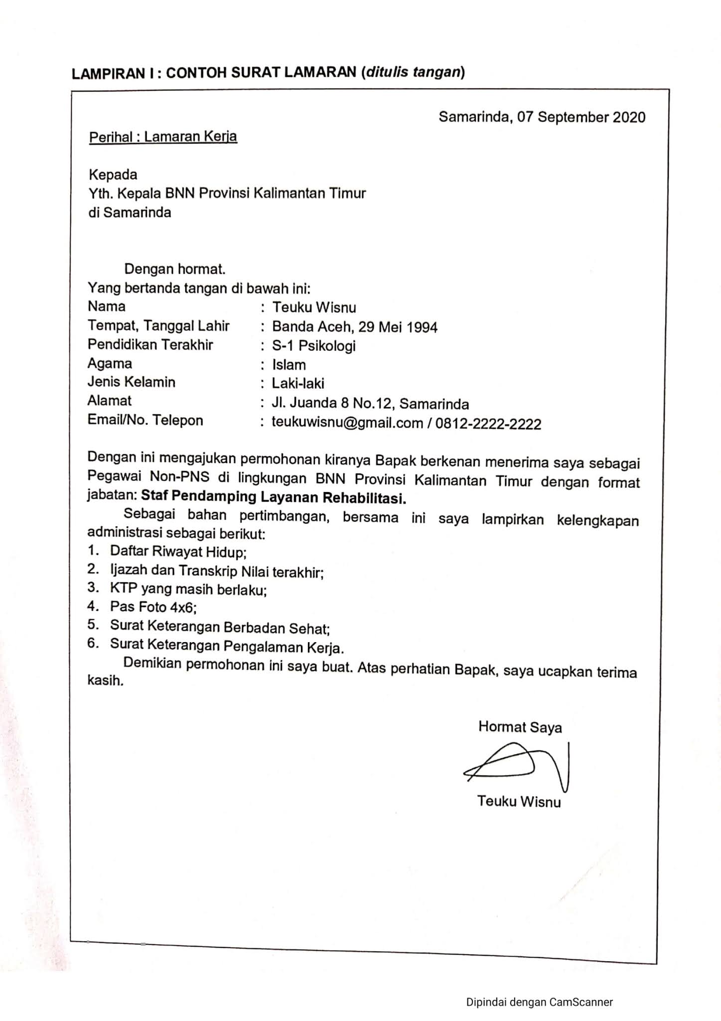 Contoh Surat Lamaran Kerja Bnn Non Pns / Surat Lamaran