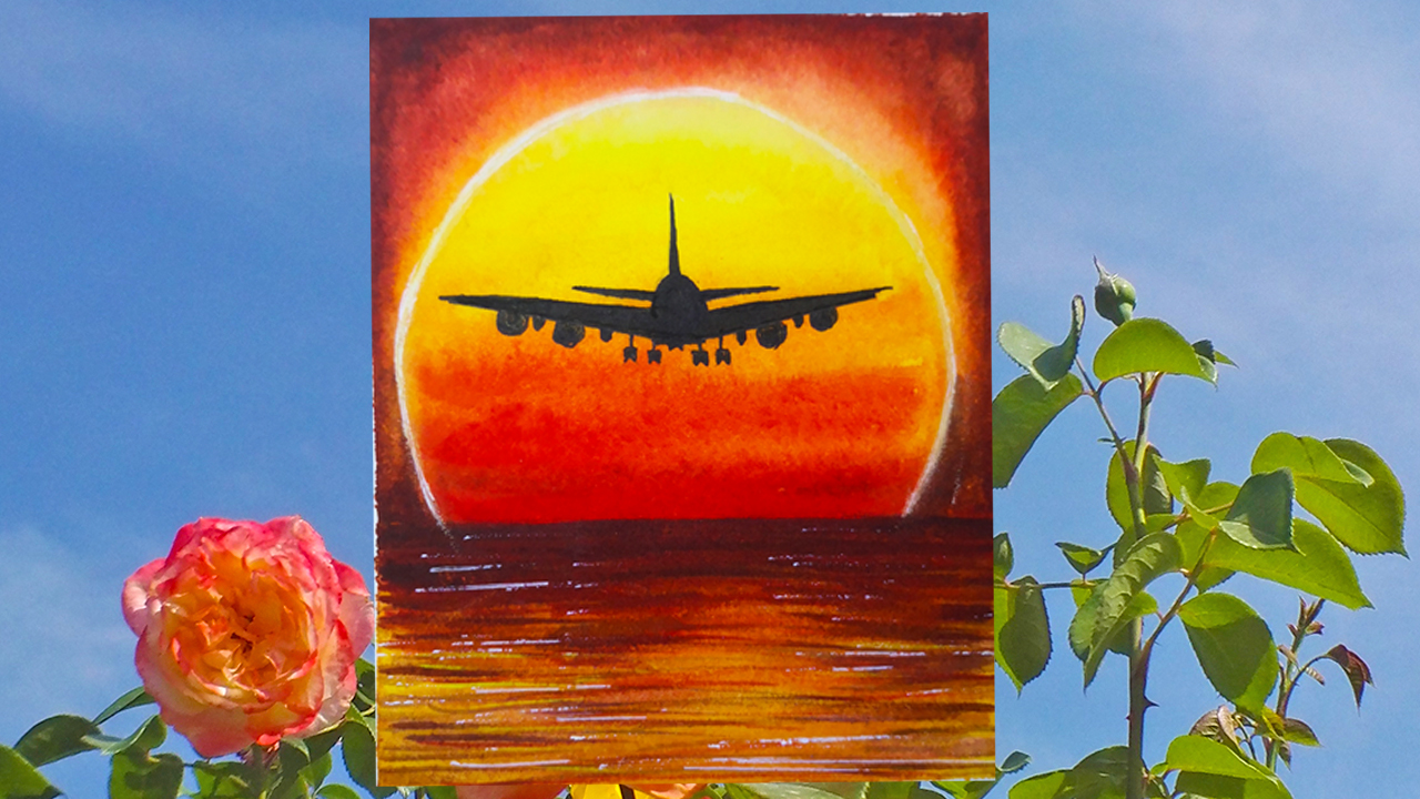 How to draw Watercolor airplane in the sunset landscape step by step