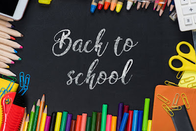 Back-to-school sign with supplies