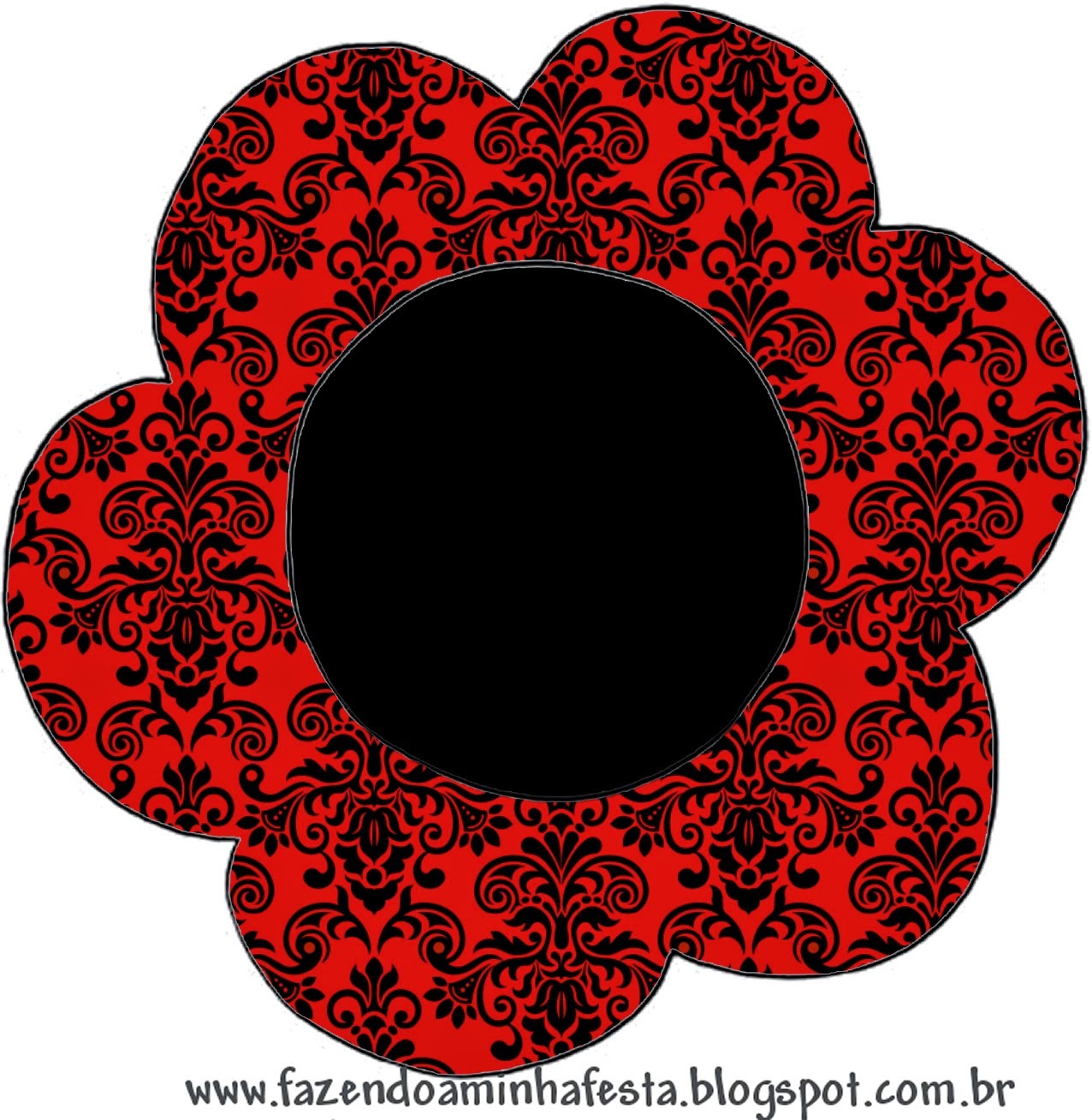 Tarjeta con forma de Flor de Damasco Negro en Fondo Rojo.