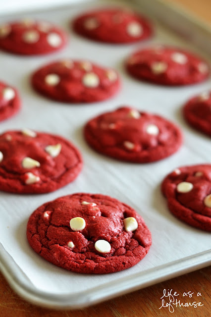Delicious and soft red velvet cookies filled with white chocolate chips. Life-in-the-Lofthouse.com
