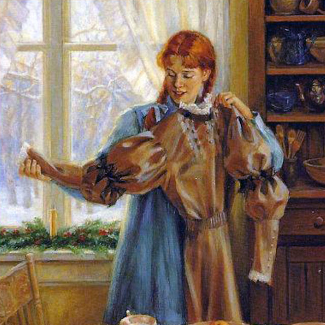 Christmas with Anne : And Other Holiday Stories by L.M. Montgomery, Drawing of Anne Shirley holding dress with puffed sleeves.uffed