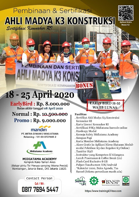Ahli Madya K3 Konstruksi kemnaker tgl. 18-25 April 2020 di Jakarta